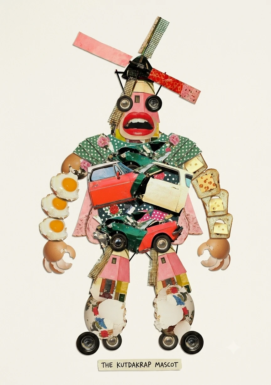 kutdakrap mascot, a collage figure of windmill, fried eggs, crashed cars and bread motifs
