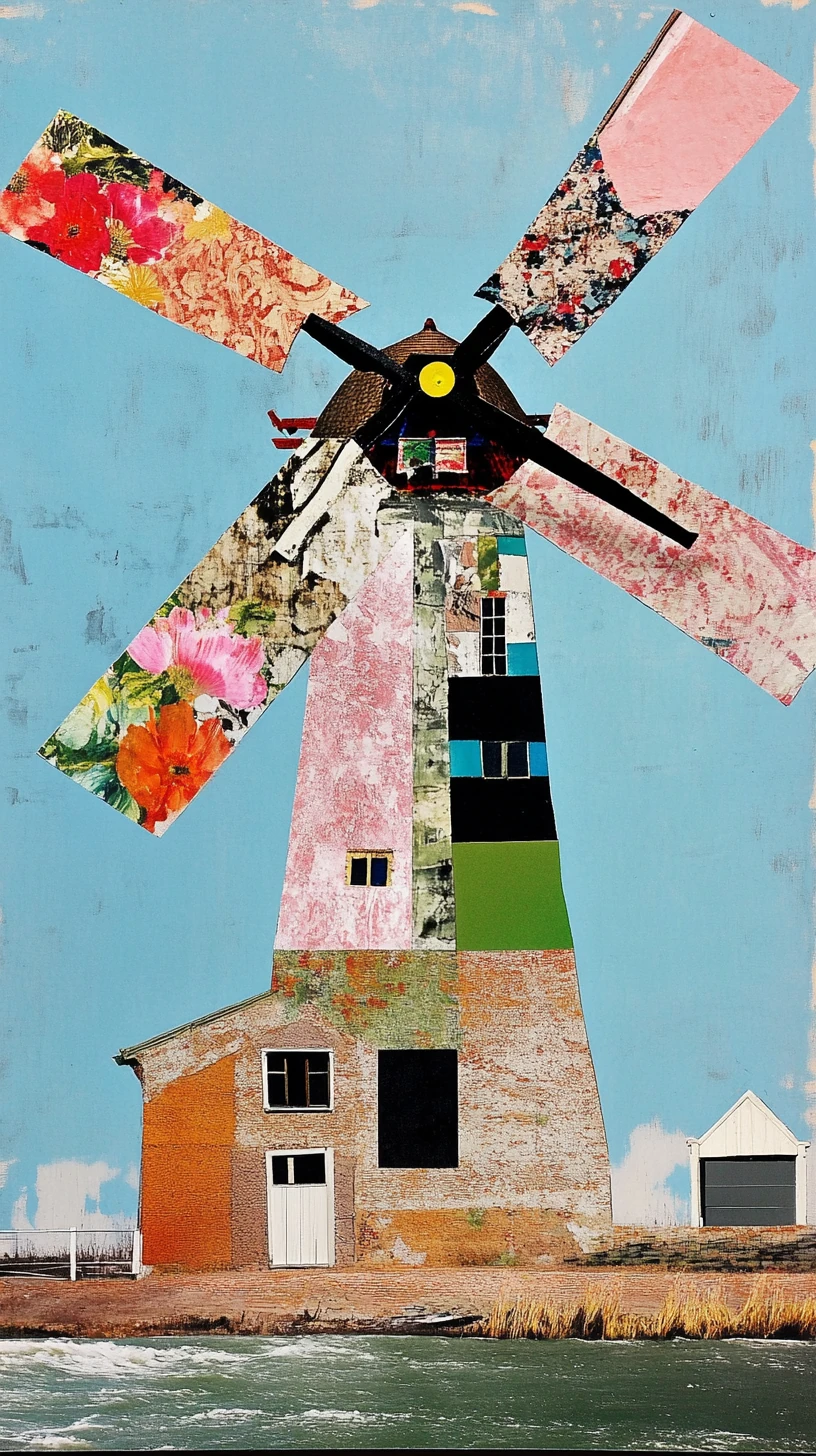 Pink-and-floral collage windmill on a lake, kutdakrap
